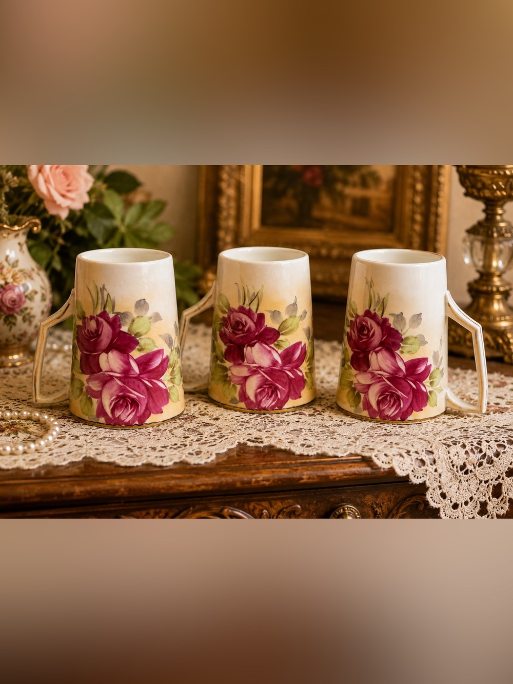 Antique 1900 Hand Painted Nippon Porcelain Mugs Rare Set Of 3 Roses Gold Japan